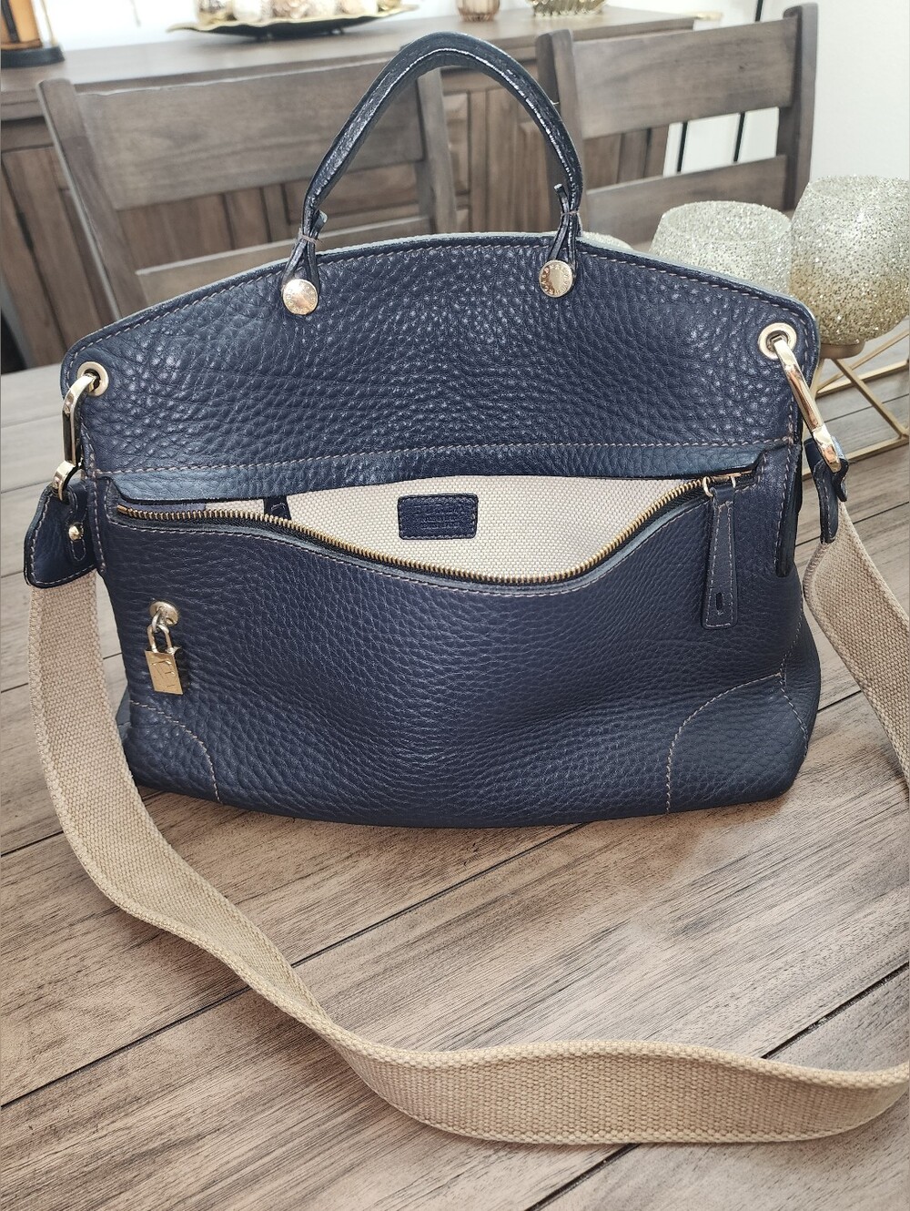 Furla Classic Pebbled Leather Tote Bag in Navy with Canvas Strap